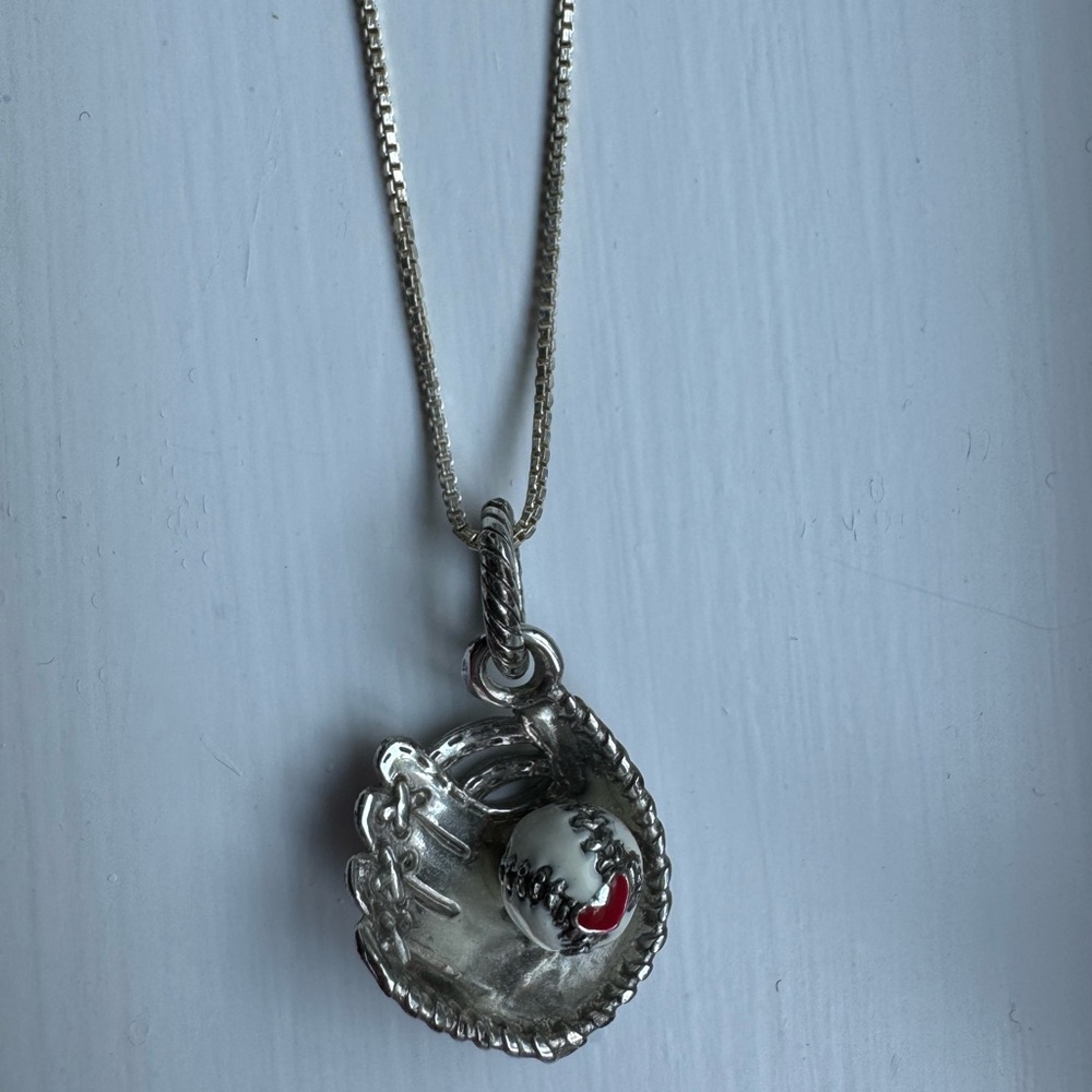 Silver necklace with baseball glove charm
